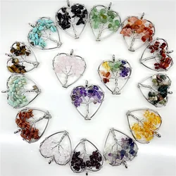 Natural stone Quartz Crystal Lapis 7 Chakra Reiki Healing 30mm heart-shaped Tree of Life Pendant Diy Jewelry making necklace10Pc