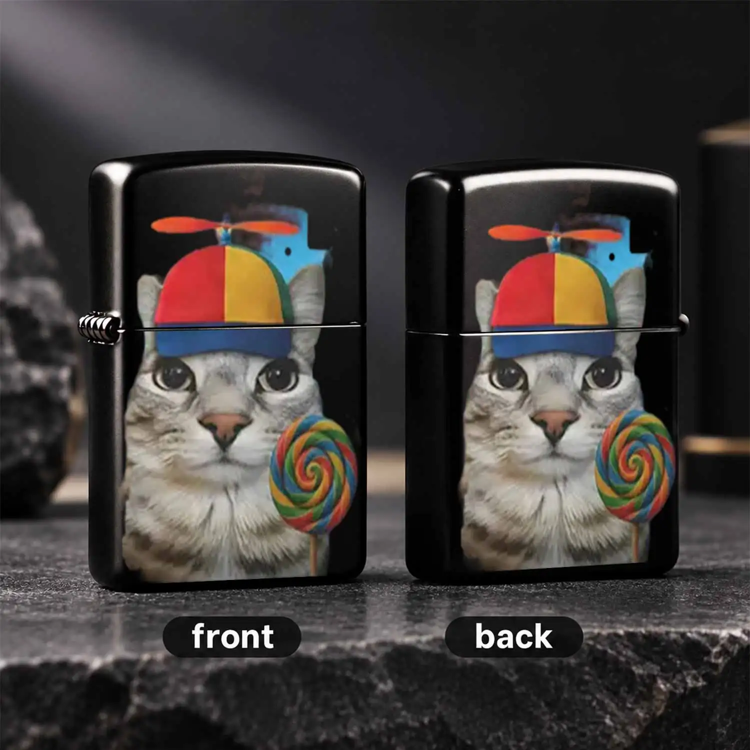 Fun Adorable Cat Lighter With Propeller Hat Rainbow Lollipop Pattern, Creative Trendy Portable Daily Use Item, Cute Stylish Accessory For Parties Gatherings, Ideal Unique Gift For Friends Family Collectors For Any Occas A Humorous And Inter
