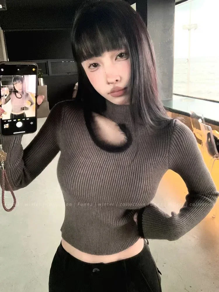 Jersey coreano de cuello alto, jerséis tipo túnica para Mujer, jersey calado de manga larga para Mujer, suéter recortado de punto Sexy, Tops, suéter para Mujer