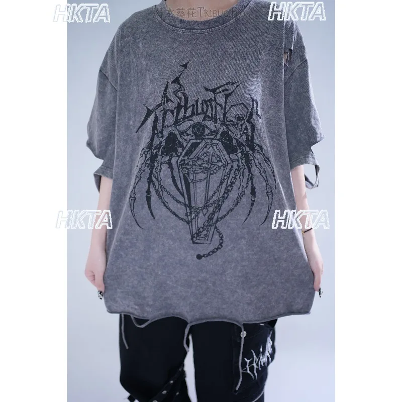 

Original Washed Distressed T-shirt with Dark Print Casualtshirt Women Man Spring and Summer Subculture Japanese Summer T Shirts