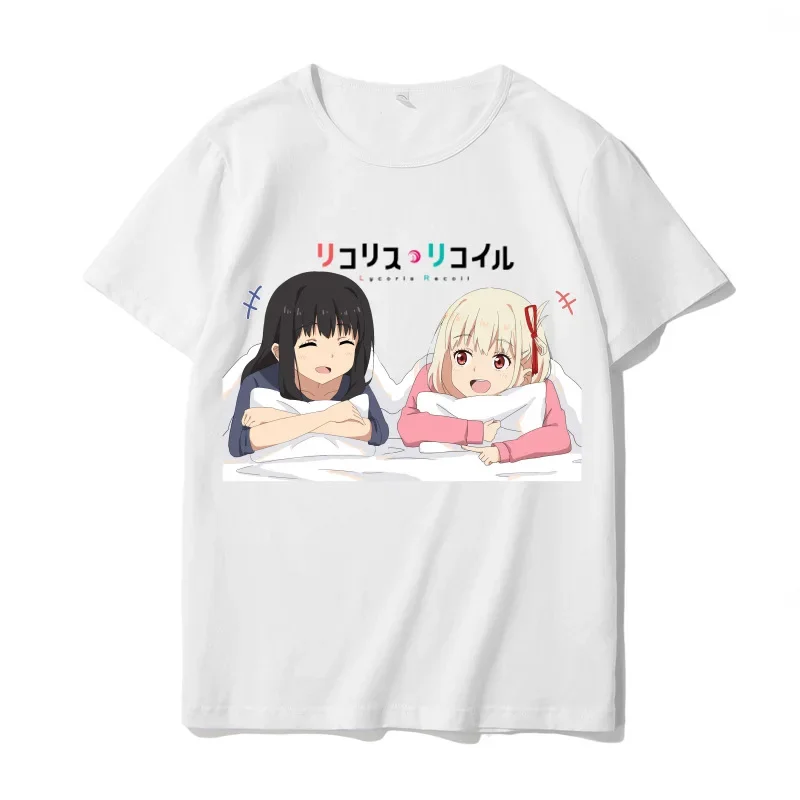 Kawaii Blouse Summer Clothing Women Crop Top with Short Sleeve Anime T Shirt Ladies Clothes Lycoris Recoil White T-shirt Female