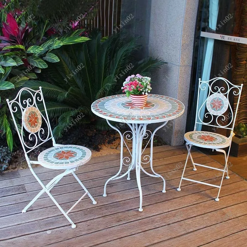 

Mosaic Balcony Table and Chair Set Outdoor Furniture for Cafe Bistro Yard
