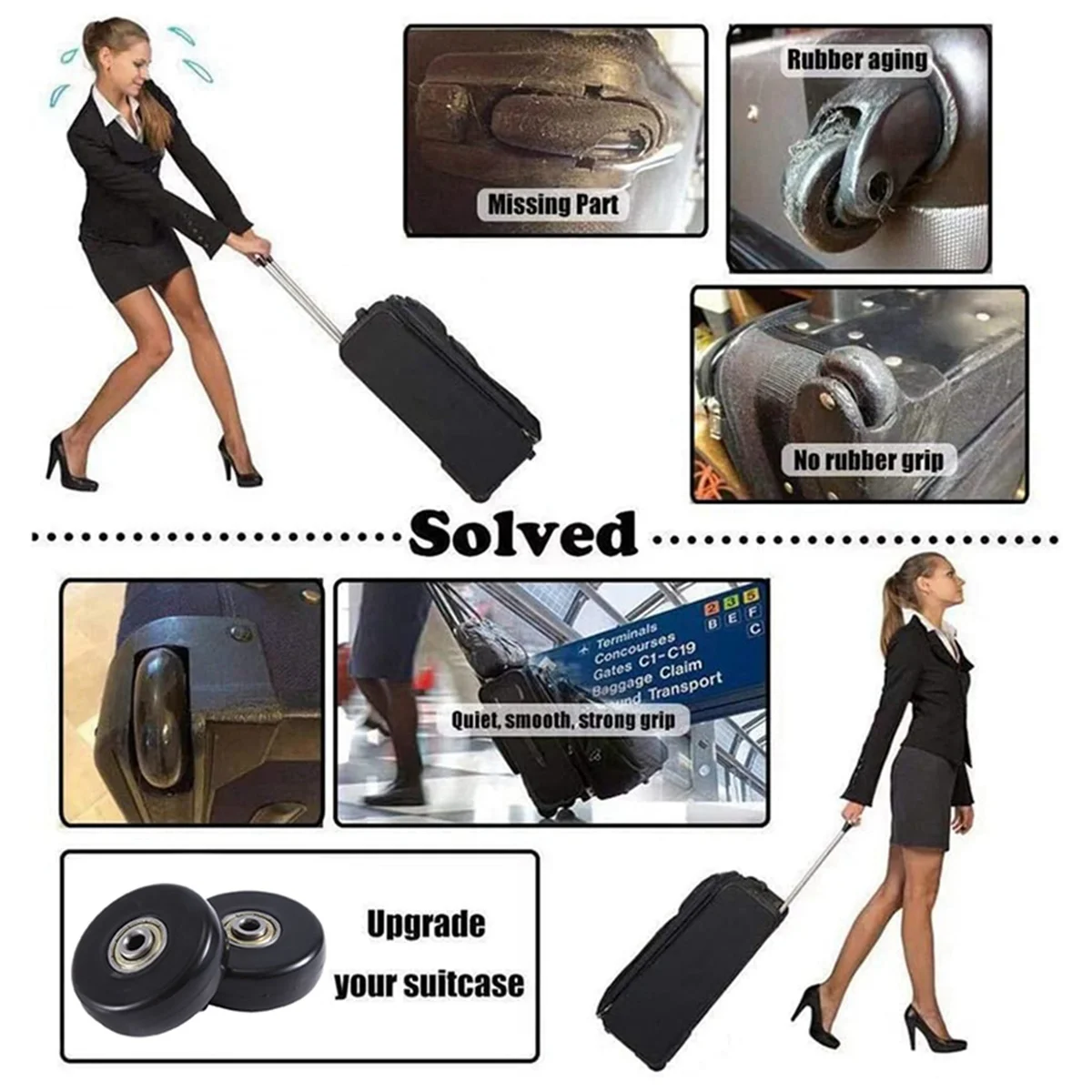 ABQR 45x18 مللي متر مجموعة من 2 عجلات بديلة لحقيبة الأمتعة ، عجلات دوارة من البولي يوريثان محامل من الفولاذ الكربوني أطقم إصلاح