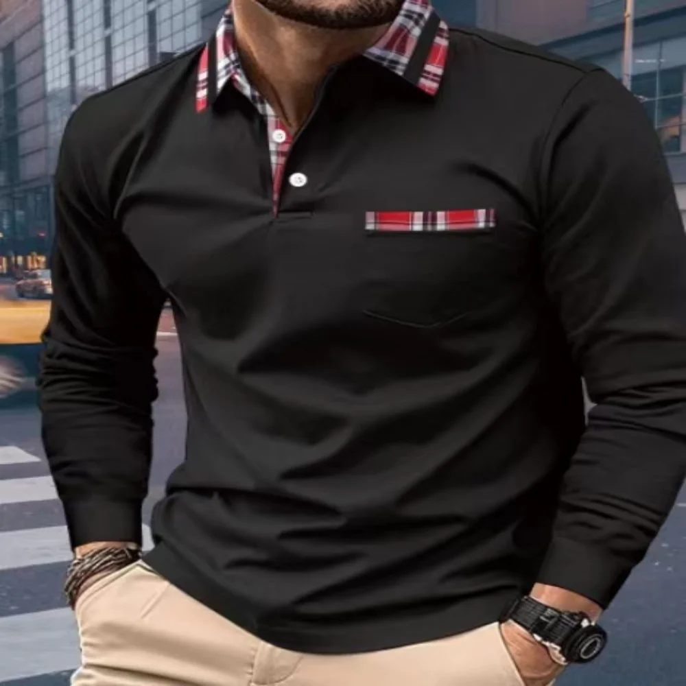 Camisa polo de manga comprida SpringAutumn, camisa esportiva casual, cor pura, camiseta com gola xadrez vermelha, roupas masculinas respiráveis, moda