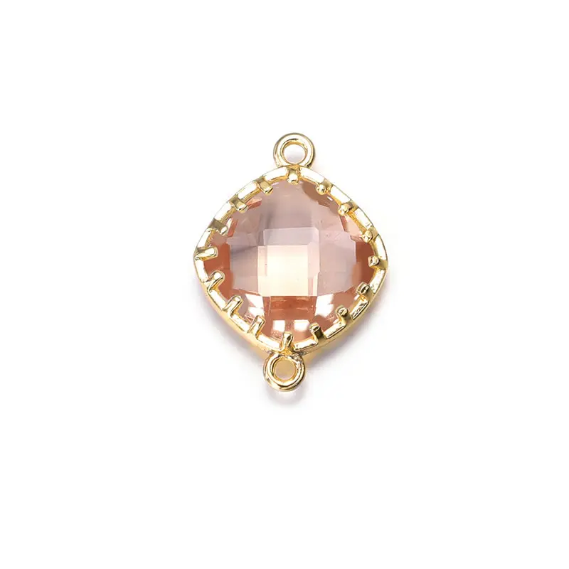 골드 컬러 도금 황동, 다채로운 유리 비즈, 스퀘어 커넥트 참 액세서리, 2 홀, 13x8mm 하이 퀄리티, 18K, 4 개