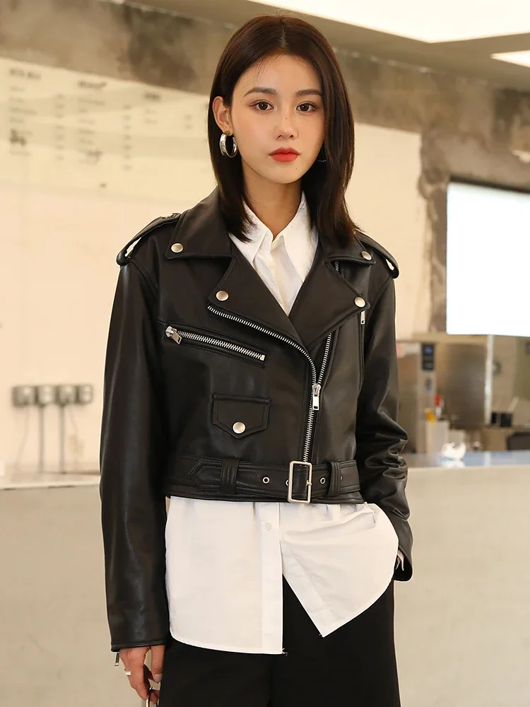 Leather Genuine Slim Motorcycle Jacket for Women 2024 Trend Simple High-end Black High Waist Cropped Sheepskin Coat