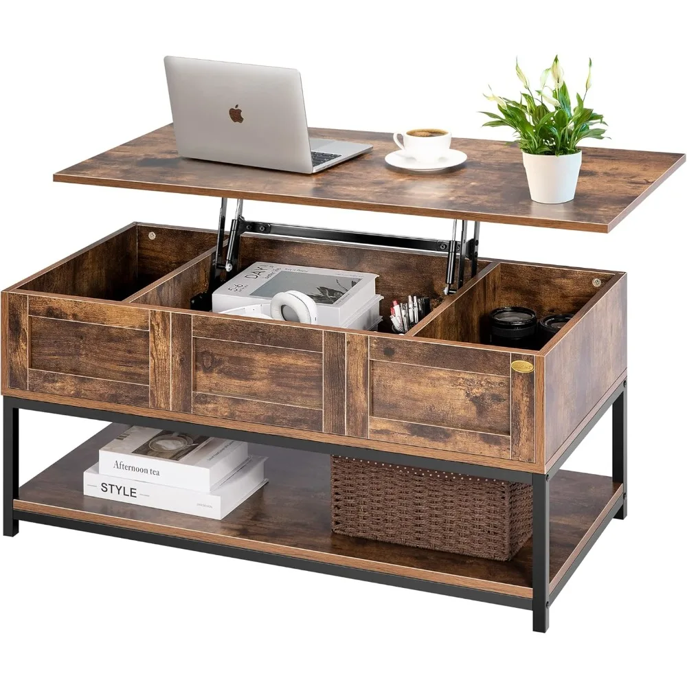 

Lift Top Coffee Table with Steel Frame, Dining Table with Open Storage and Hidden Compartment, Suitable for Living Room