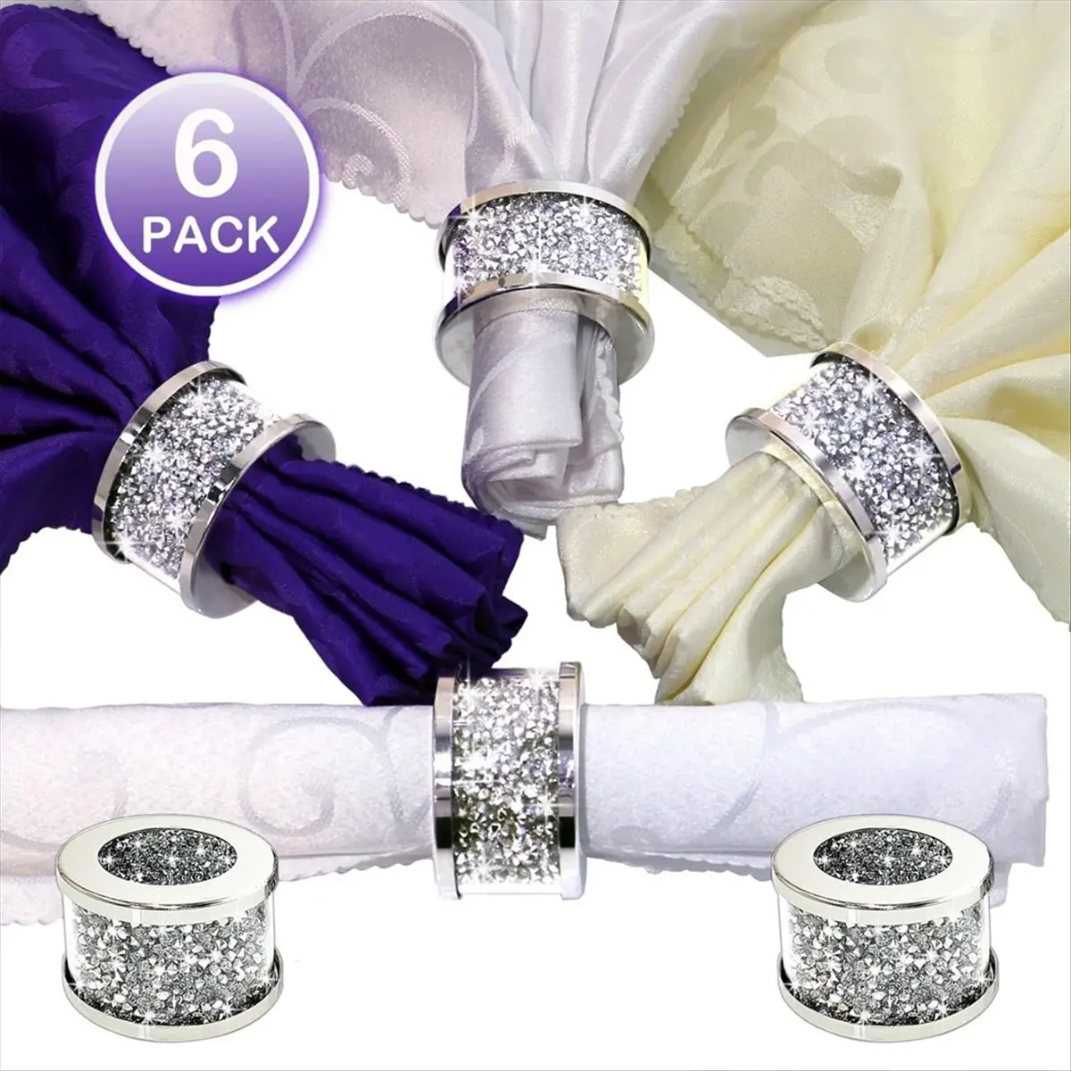 A78I 6 Pack Crystal Glass Napkin Holder Silver Napkin Rings, Crushed Table Settings Bling Buckles