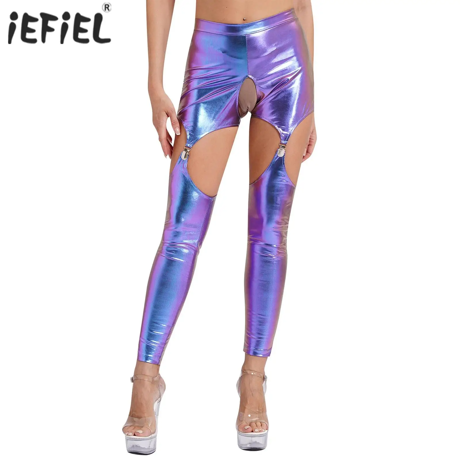 Womens Metallic Shiny Garter Leggings with Metal Clips High Waist Open Crotch Cutout Tights Skinny Long Pants Clubwear Costume