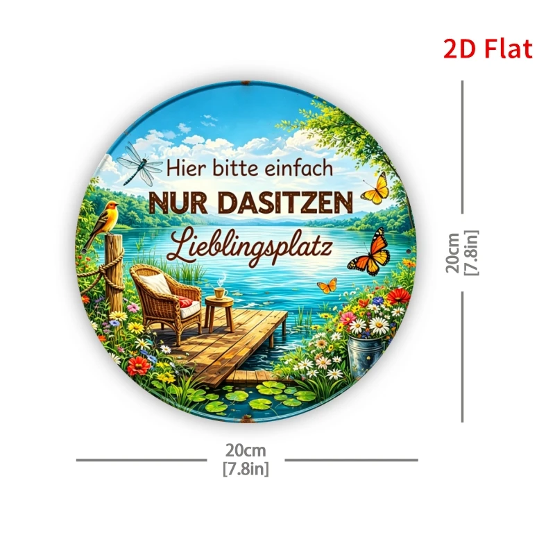 2D Flat - [2Dflat]1pc- 20X20Cm- Round Vintage Metal Tin Sign German Quote Lake Dock Wicker Chair Bird Butterfly Wildflower Lands