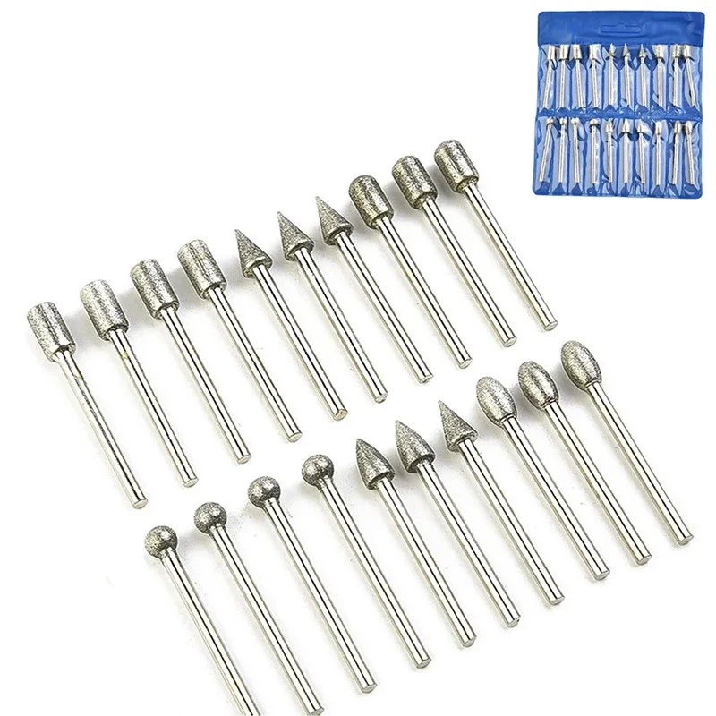 20 قطعة رؤوس طحن الماس بت صغير لأداة الحفر الدوارة نتوءات طحن الملحقات 3 مللي متر عرقوب أدوات عدة أداة جلخ #6