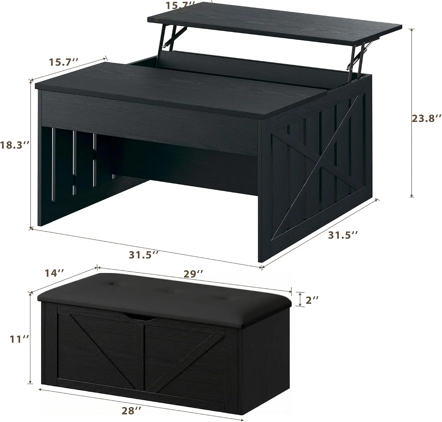 Coffee Table Lift Top Hidden Storage Compartment Farmhouse Ottoman Bench Center Wooden Tabletop Living Room Black