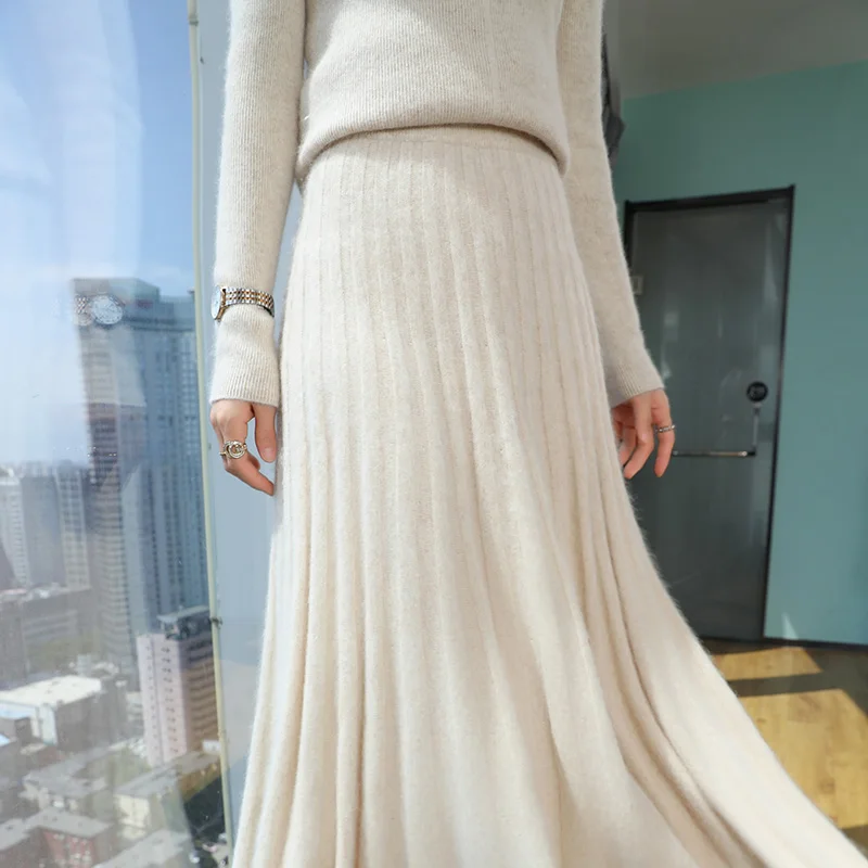 Autumn And Winter New Mink Cashmere Skirt Women's Solid Color All-In-One High Waist Pleated Skirt Over The Knee Long Wool Skirt