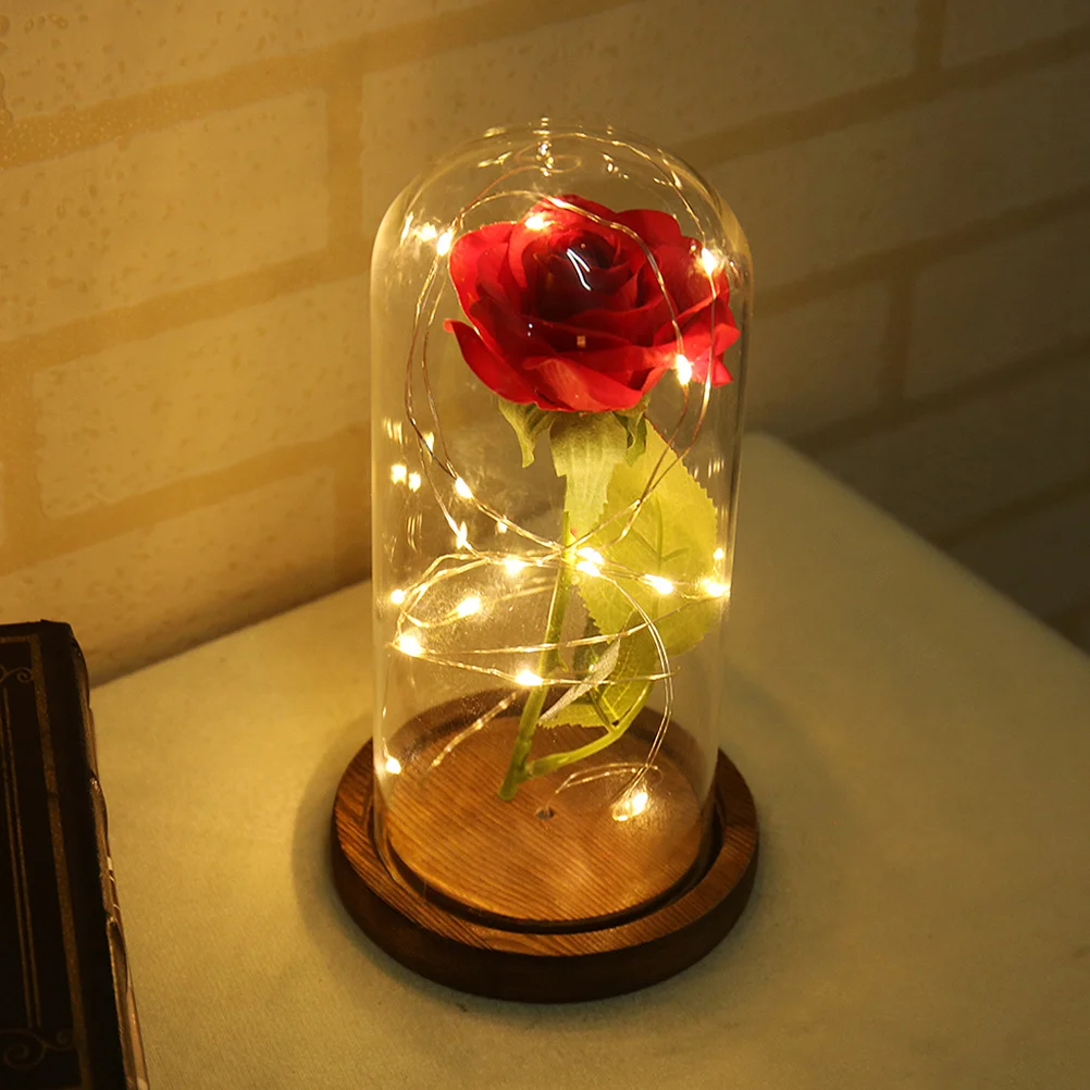 

Red Silk Rose LED String Light Preserved in Clear Glass Dome Brown Base Romantic Decoration for Home Wedding Birthday Party Desk