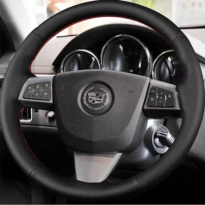 

Hand-Stitched Non-Slip Black genuine Leather Car Steering Wheel Cover for Cadillac CTS SLS 207-2012 Interior Accessories