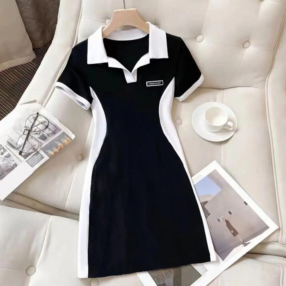 Chic Short-sleeve Dress Women's Colorblock Mini Shirt Dress with Collar Casual V Neck Bodycon Style Short Sleeve for Fashion