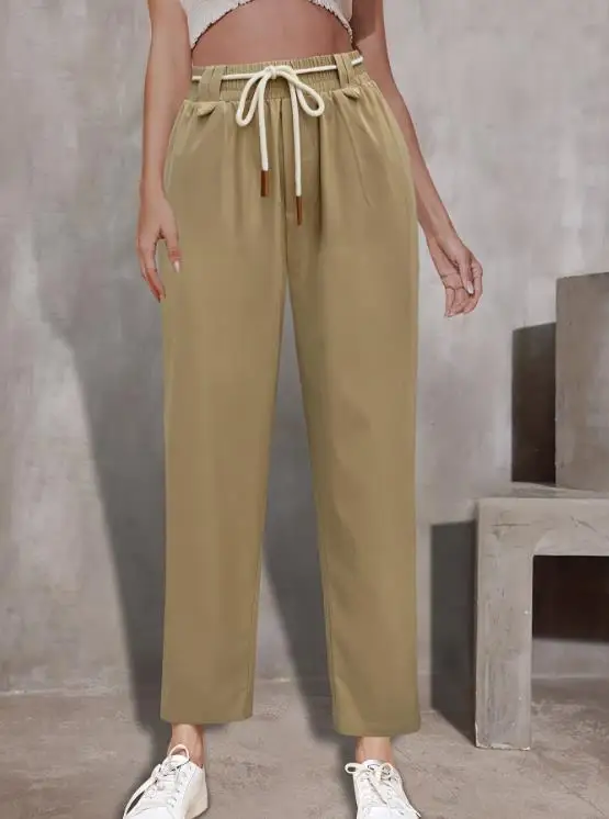

Women's Pants 2026 Summer Casual Solid Color Casual Daily Versatile High Waisted Lace Up Cigarette Tube Pants Straight Leg Pants