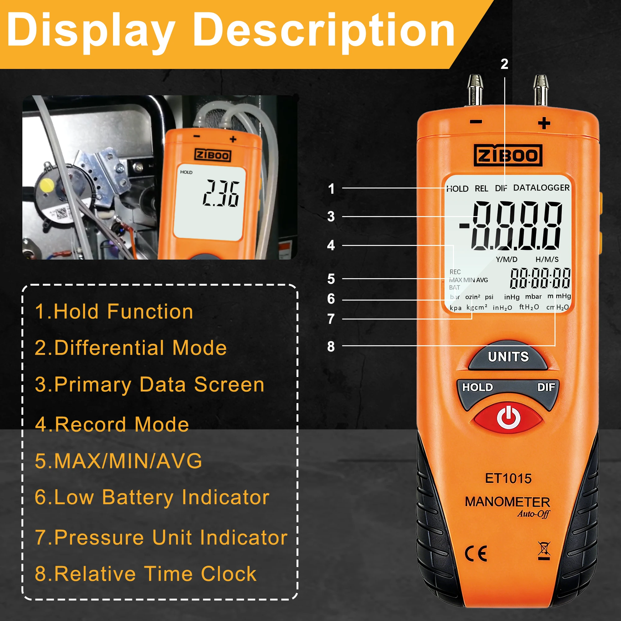 ZIBOO Digital Manometer, Dual Port Differential Pressure Gauge, ±100 PSI Air,Large LCD Display with Backlight,ET1015.