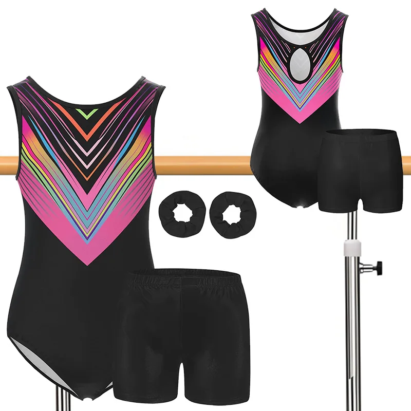 Girls 4pc Gymnastic Leotards Athletic Biketard Unitard Tumbling Activewear Outfits for Kids (No Diamond)
