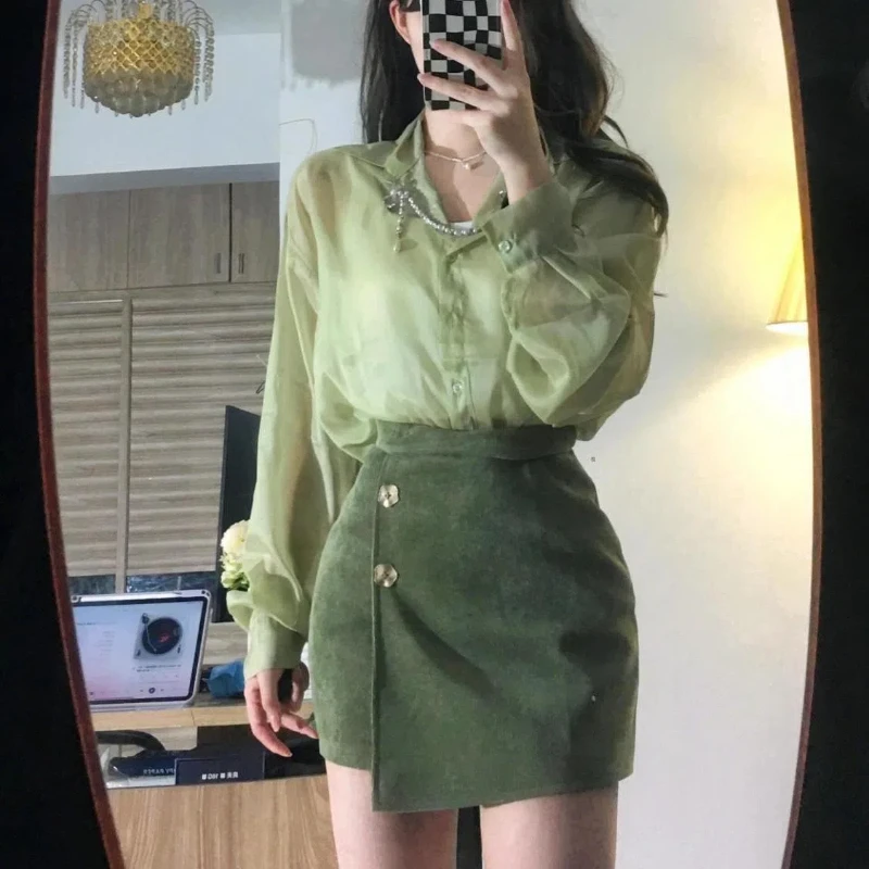 

Women socialite style commuting chiffon long-sleeved shirt top fashionable high-waisted skirt two-piece suit