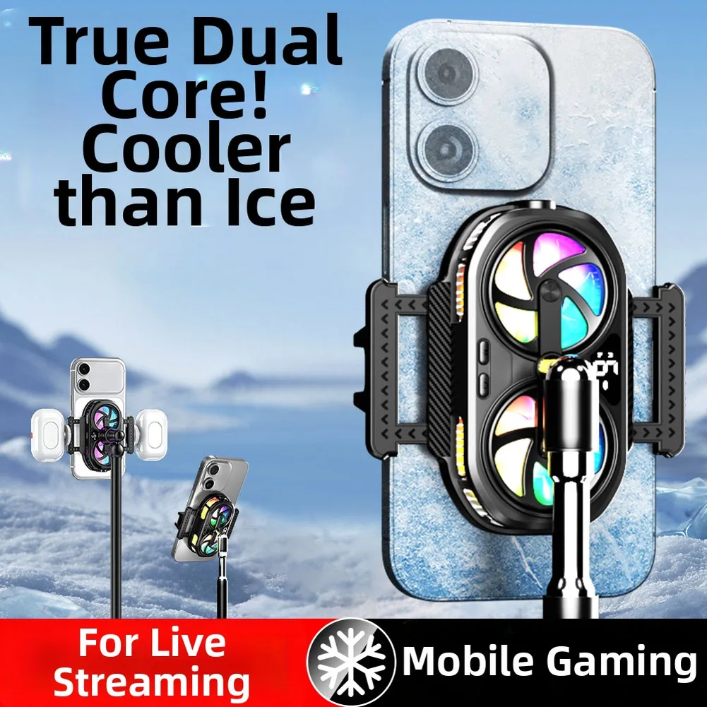 

Dual Fan Rechargeable Mobile Phone Cooler Radiator Long Lasting Stronger Cooling Air Cooling Clip-Design With RGB Lights Display