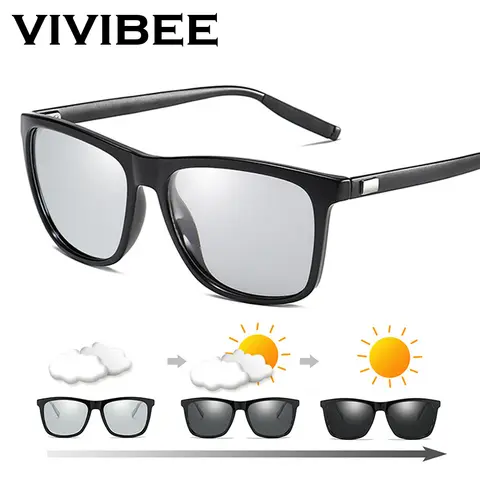 VIVIBEE 색상 변경 회색 프레임 광변색 편광 선글라스 남성 스퀘어 클래식 카멜레온 Glaases 전환 렌즈 안경