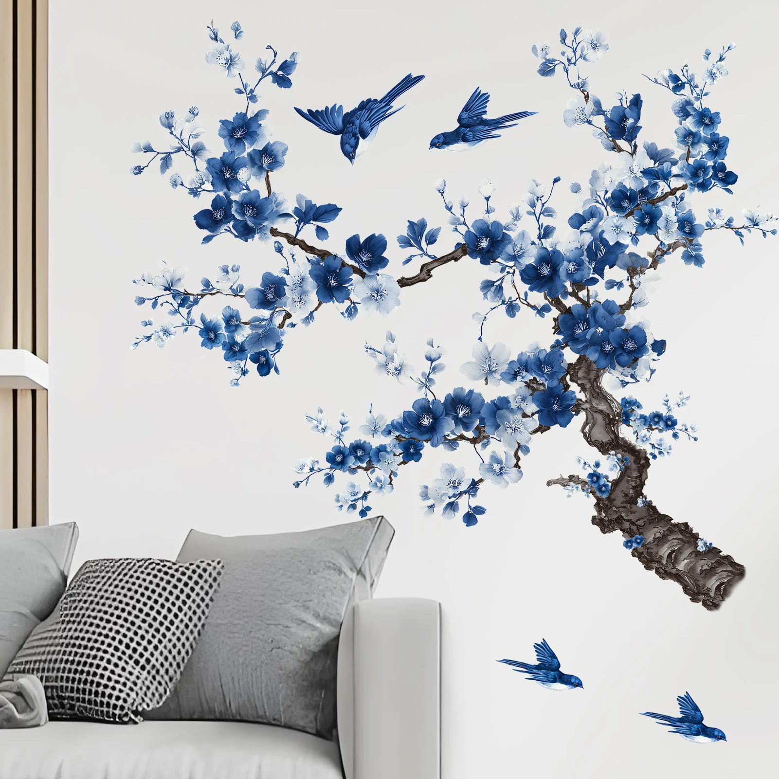 Blau-Weiße Kirschblüten-Wandaufkleber, Orientalische Blumen- und Vogel-Dekorationen, Abnehmbare Elegante Heimdekoration