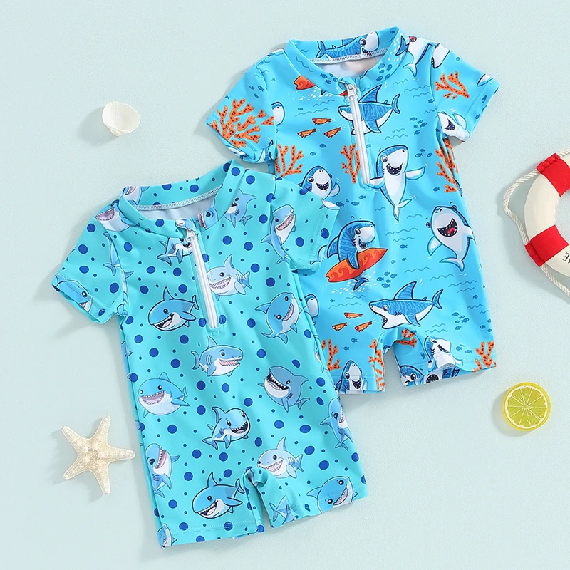 

Tregren 0-3Y Toddler Boys Rash Guard Swimsuit Rompers Zipper Short Sleeve Shark Print Kids Bathing Suit Infant Baby Swimwear