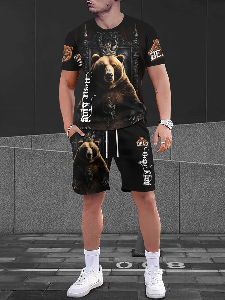 2025 new men's summer short sleeved T-shirt set with animal eagle print personalized shorts casual outdoor set