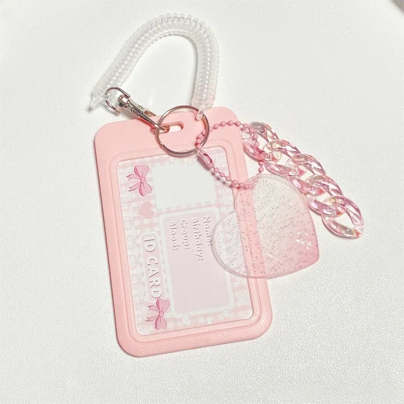 Girls Cute Id Credit Card Holder with Love Pendant Kawaii Badge Holder Card Cover Student Bus Card Case Sleeve with Spring Rope