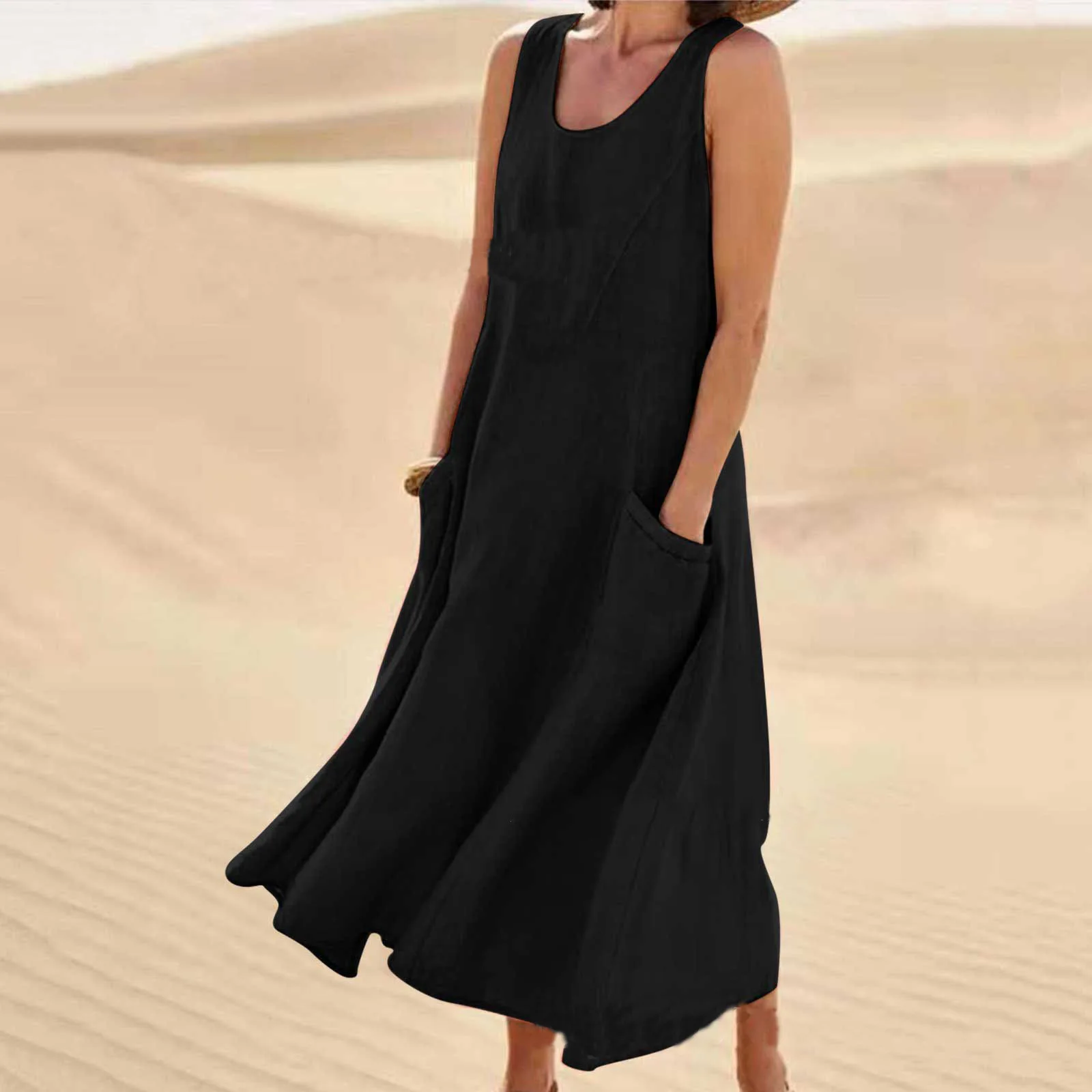 Vintage Sleeveless Tank Dress Women Elegant Round Neck Solid Cotton Linen Vestidos Summer Casual Loose Pockets Long Dresses