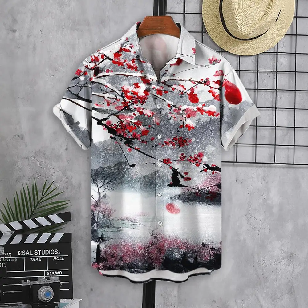 Camisa havaiana masculina de verão, estampada digital, estilo chinês, com flores de ameixa, refrescante camisa casual de manga curta, nova, 2024