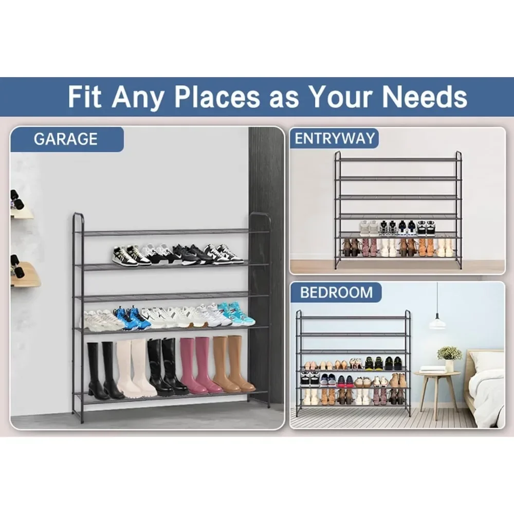 For Long 6 Tier Shoe Rack Organizer Tall Metal Shoe Organizer for Entryway Bedroom Floor Garage, Wide Shoe Shelf Storage Fits