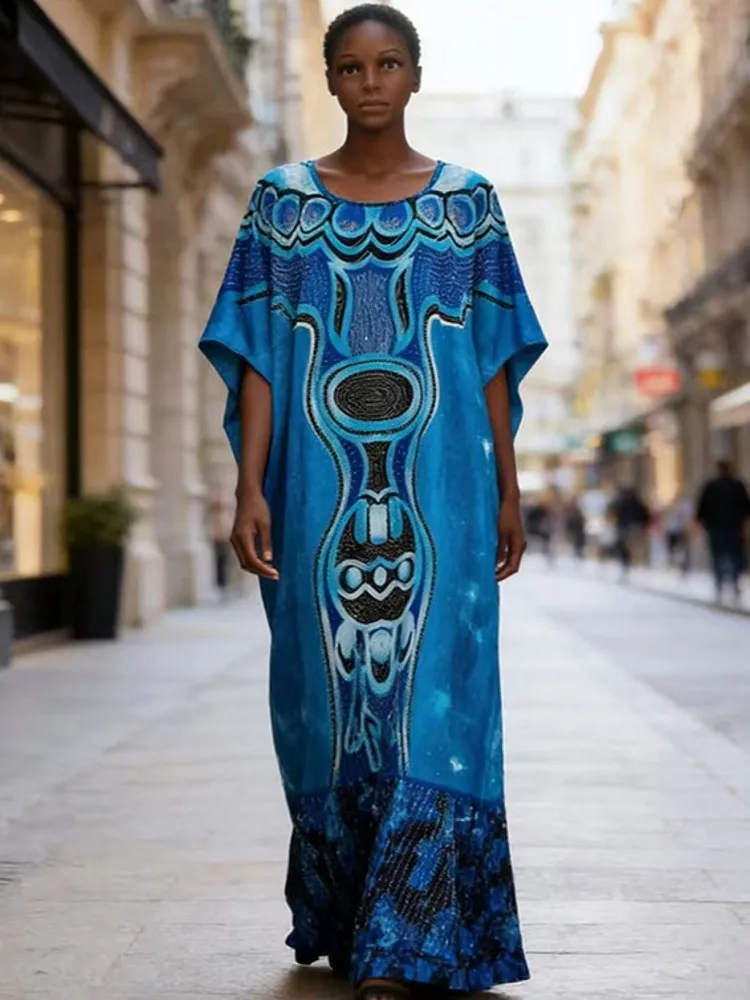 

Новое модное африканское платье-кафтан в стиле бохо с популярным принтом, из твила, макси-длина, летнее пляжное платье в богемном стиле с рукавами-крылышками для женщин