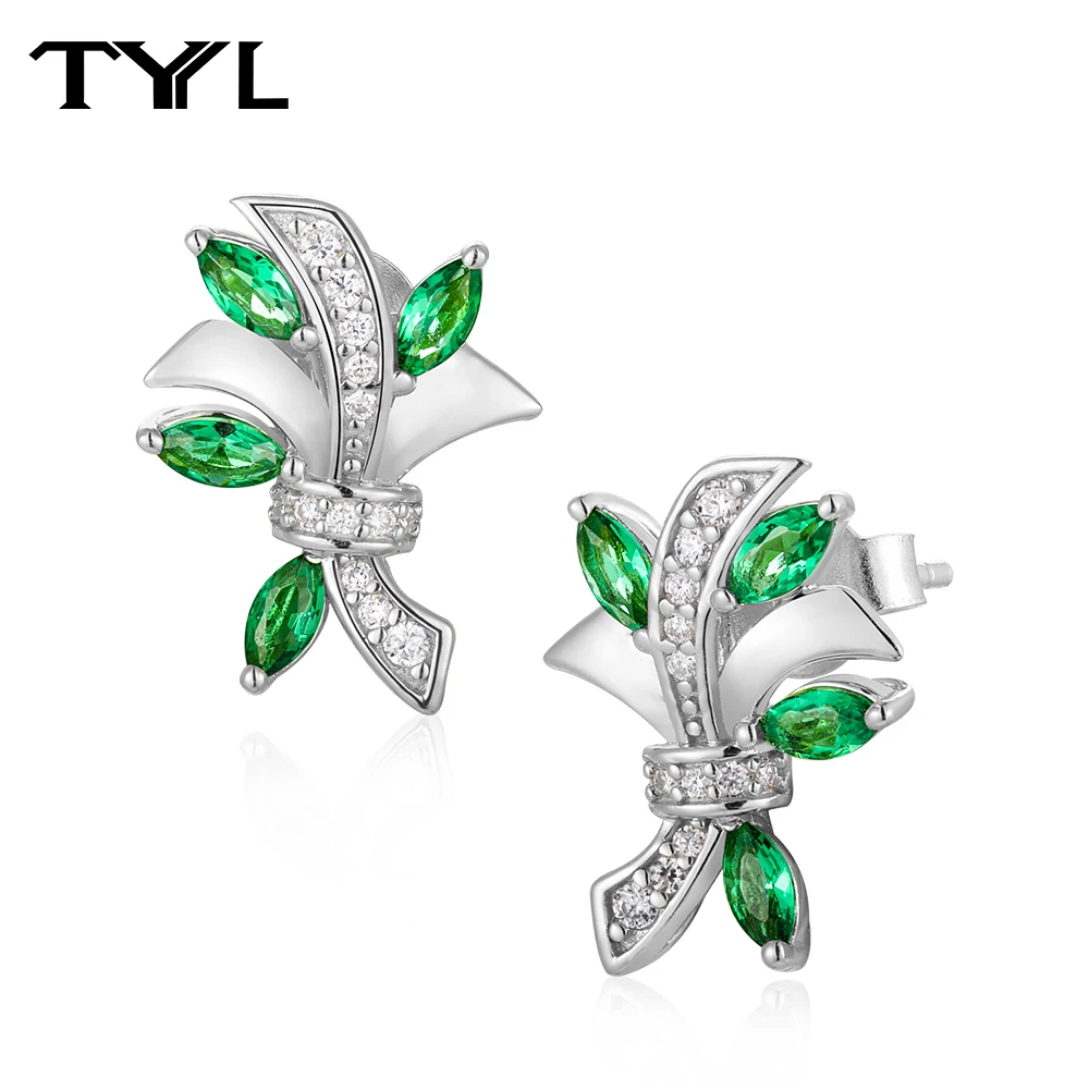 TYYL Lab Grown Emerald & Moissanite Stud Earrings for Women S925 Silver Hypoallergenic Bow Design Earrings Daily Wear Jewelry