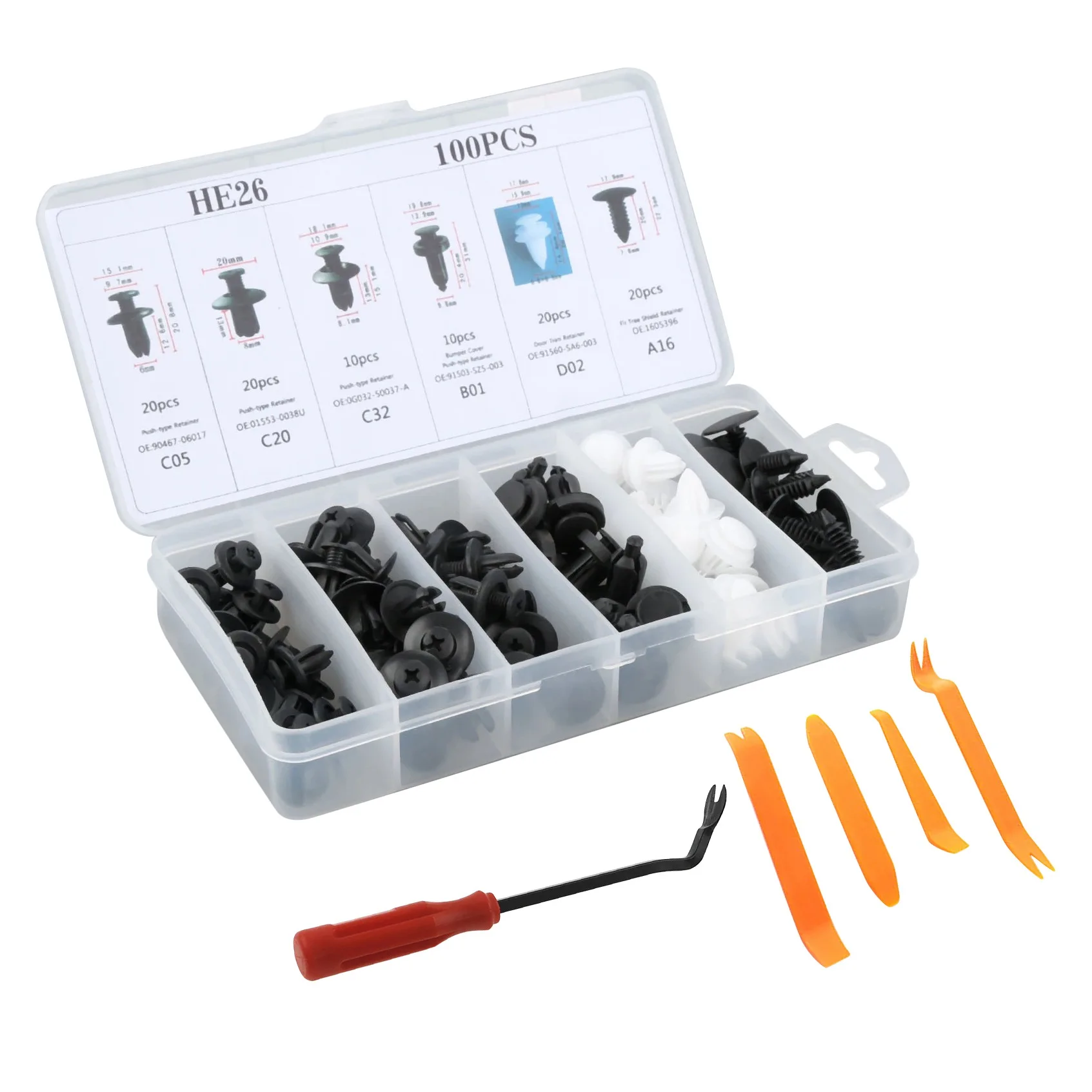 100PCS Universal Plastic Fender Clips Auto Car Push Retainer Pin Rivet Trim Clip Panel Auto Fastener Kit Assortment+Tool