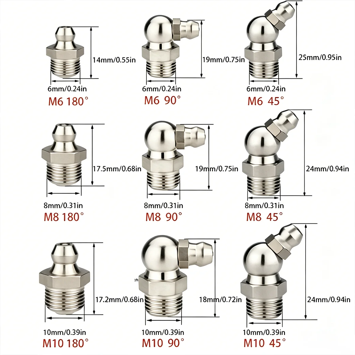 100-Piece Set of M6, M8, M10 45°, 90°, 180° Grease Fittings, Galvanized Steel Hydraulic Grease Fitting Kit, with Plastic Case*