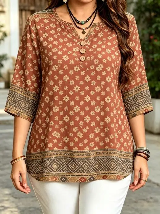 Women 3/4 Sleeve V‑Neck Blouse Button Ethnic Geometric Border Floral Print Loose Casual Ladies Tops