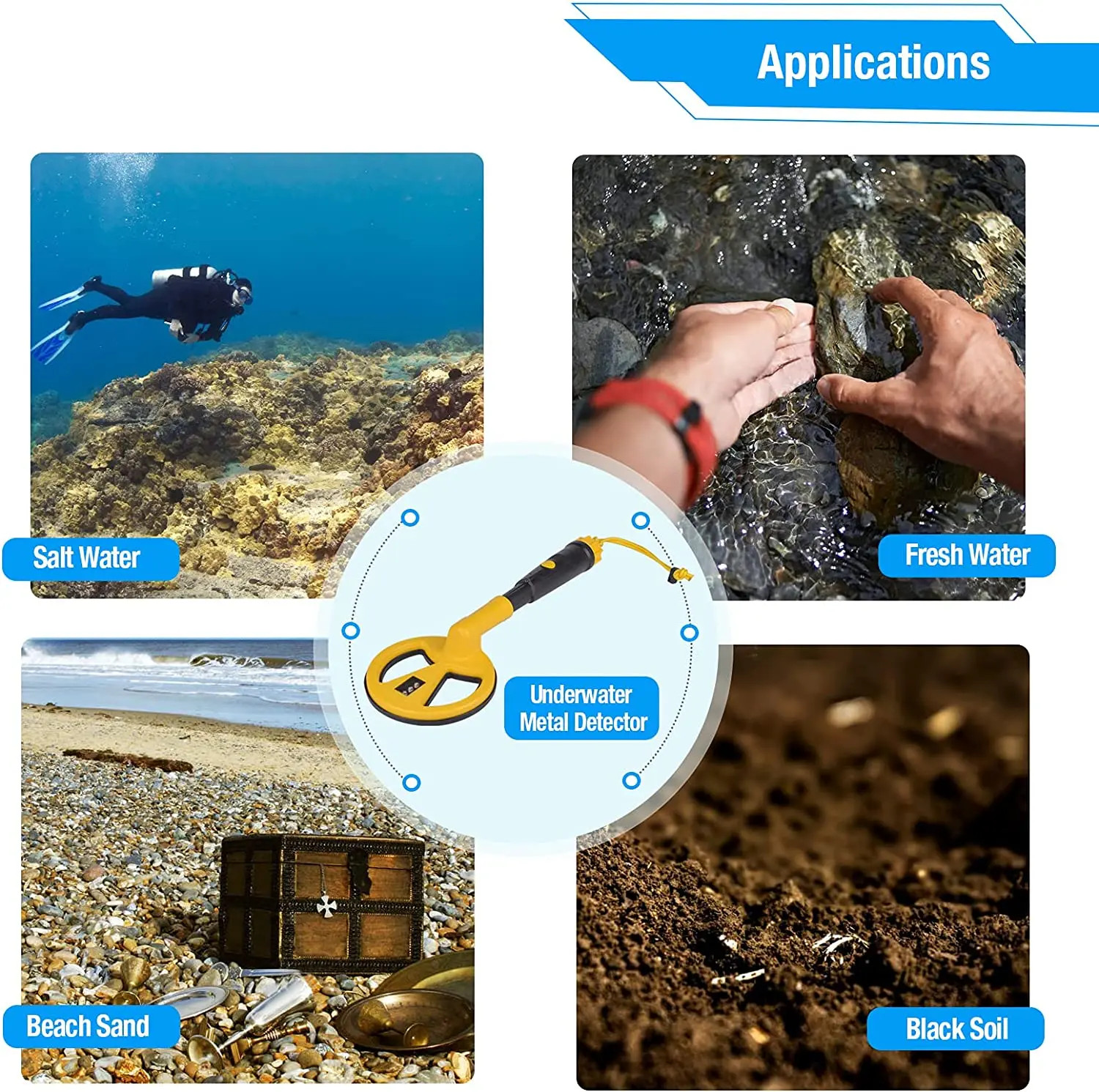 Underwater Metal Detector Waterproof Pinpointer Diving Snorkeling Handheld Gold Detector Vibration LED Lighting Alarm