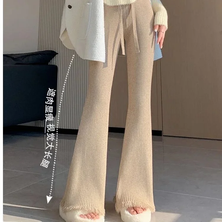 

Брюки с бахромой длиной до пола, утягивающие трикотажные широкие брюки с высокой талией, женские свободные повседневные прямые трикотажные брюки
