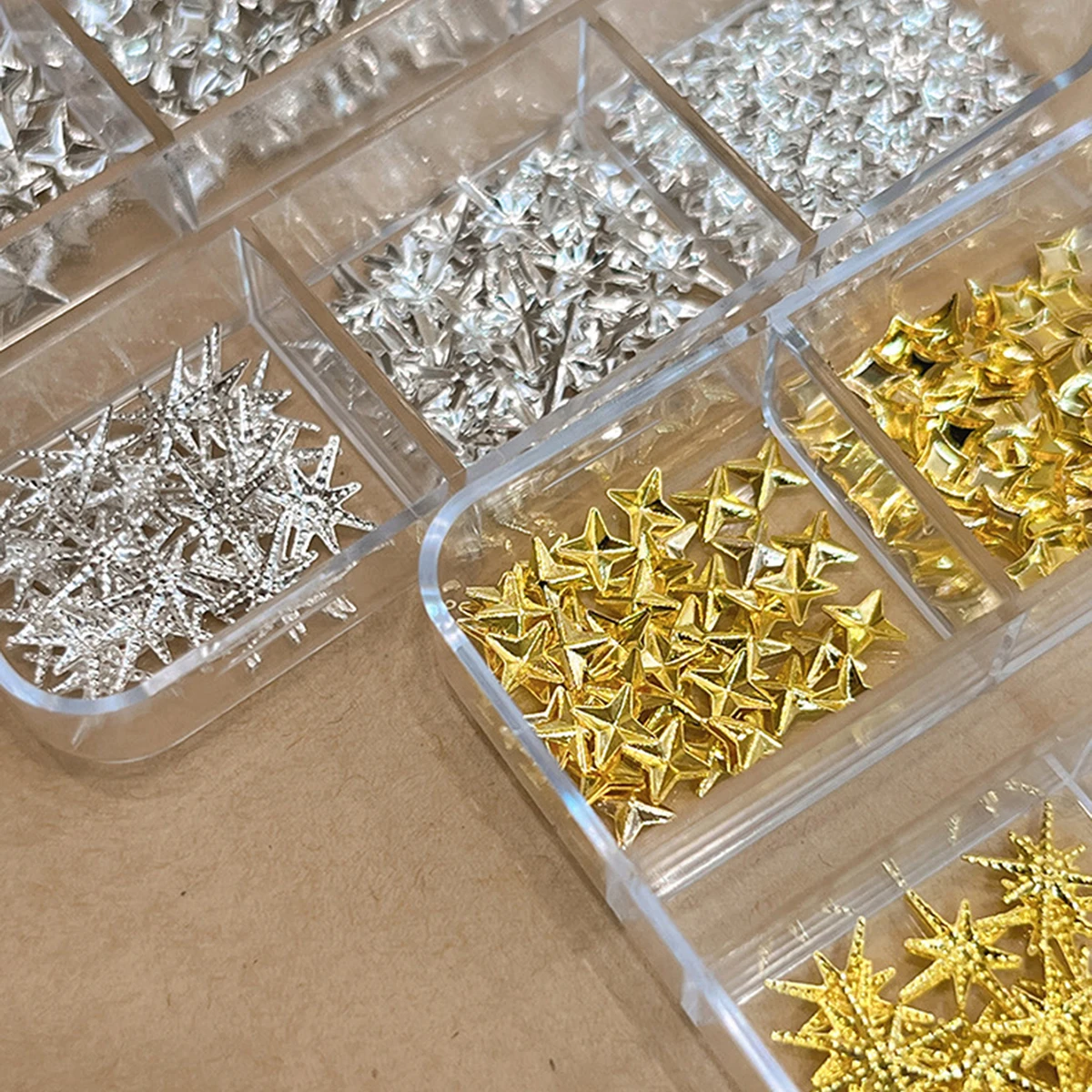 6-Compartment/Box Japanese-Style Ins-Style Star-Shaped Nail Art Decoration Set, Gold and Silver Alloy Star Versatile Nail Decorations, Light Luxury Three-Dimensional Exquisite DIY Accessories, Fake Nail Decorations, Nail Supplies