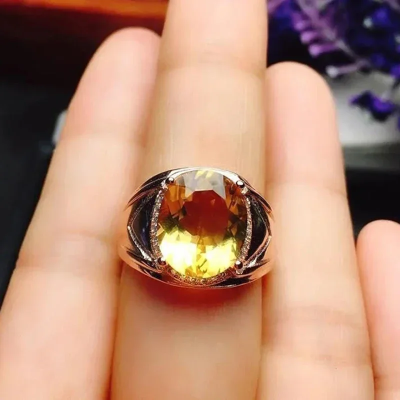 Three-dimensional design silver inlaid oval citrine men's ring opening domineering sparkling business style luxury jewelry