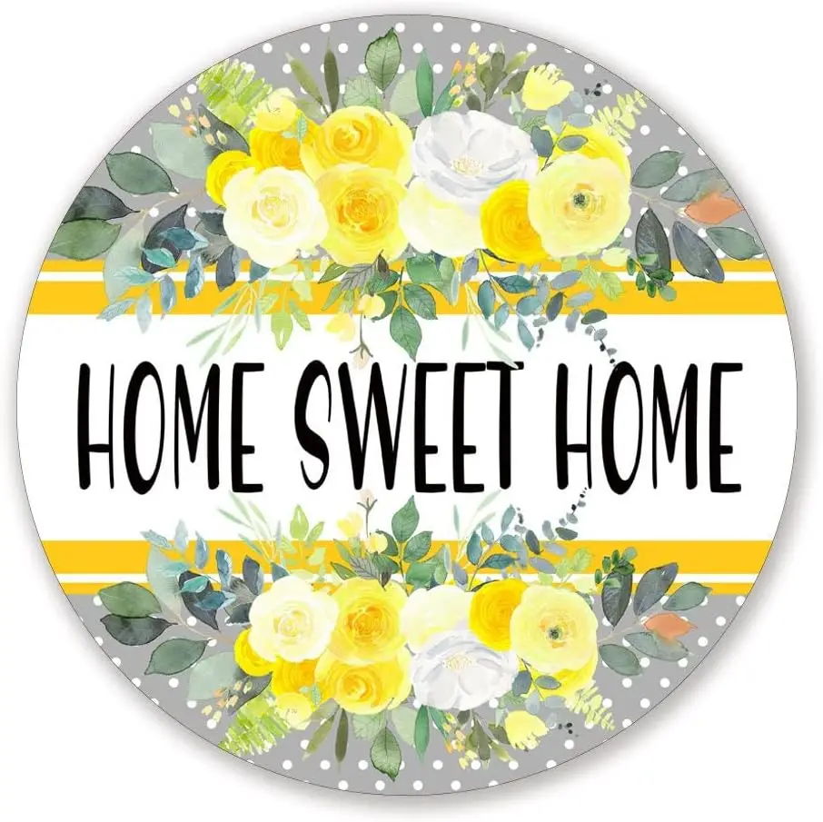 

Home Sweet Home Gray And Yellow Floral Metal Wreath Sign Round Metal Wreath Attachment Round Metal Tin Sign Wall Decor Home Deco