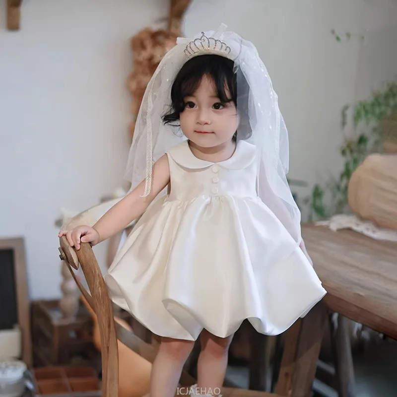 

2025 Baby Girls 1st Birthday Princess Dress Zhuazhou Gown Flower Girl Wedding Tutu Party Outfit New Elegant Satin Ball Gown