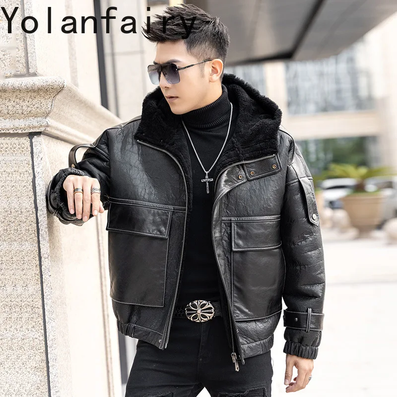 YOLANFAIRY سترة من جلد الغنم الطبيعي للرجال معطف الفرو الحقيقي ملابس شتوية سترة جلدية مع غطاء محرك السيارة جاكيت من الصوف الرجال بومبير 2024