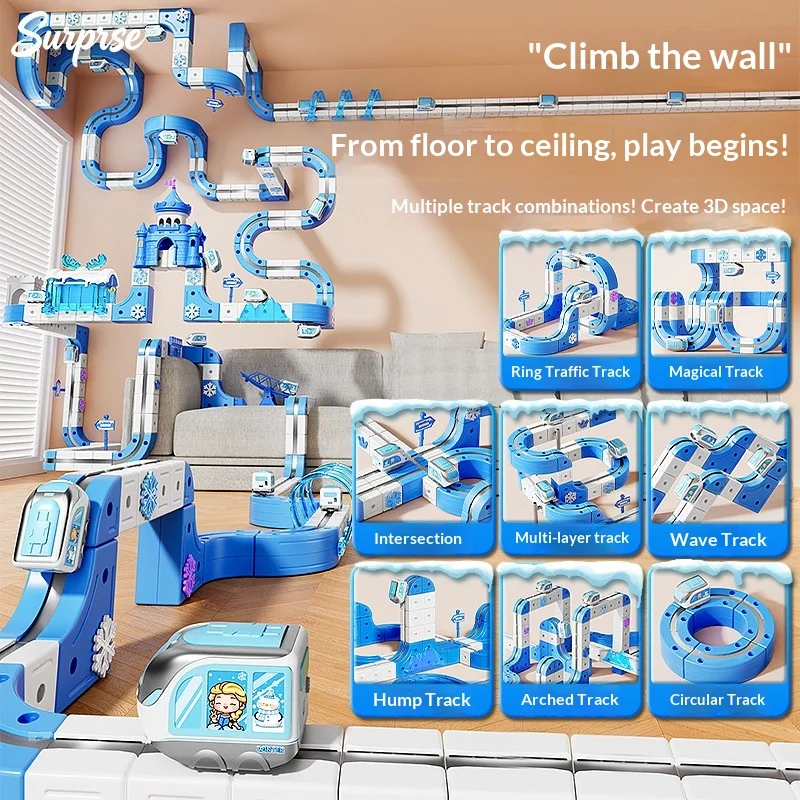 Ice And Snow Theme Transformable Magnetic Cube Track Car Electric Anti-Gravity High-Speed Train Diy Assembly Track Toy Gift