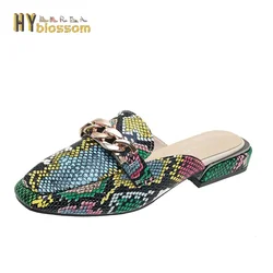 2022 Snake Prints Chain Mules Women Slides Square Toe Shoes Classic Fashion Footwear Plus Large Size 42 43 Slippers Women Shoes