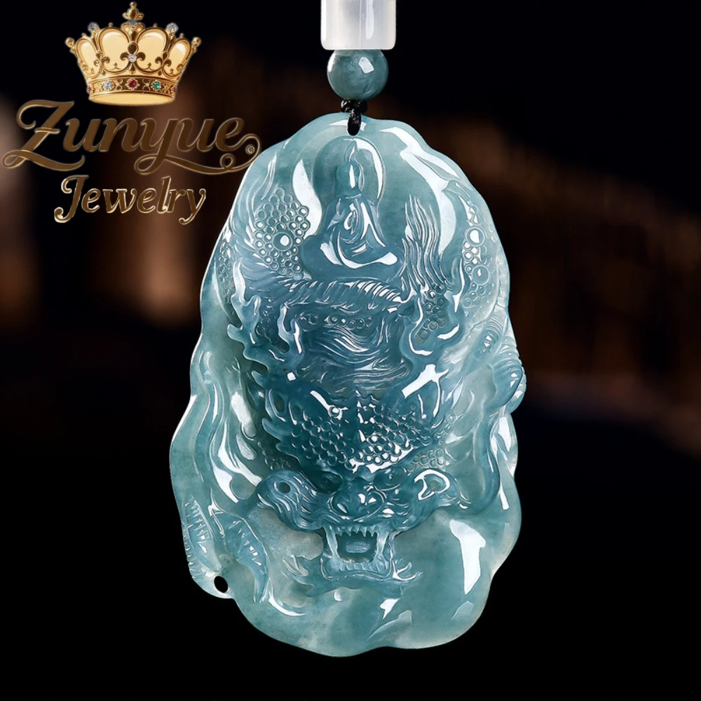 Natural Grade A Ice Type Jadeite Zodiac Dragon Tag 3D Carved Dragon-riding Enlightenment Buddha Jade Pendant Fine Jewelry Gift