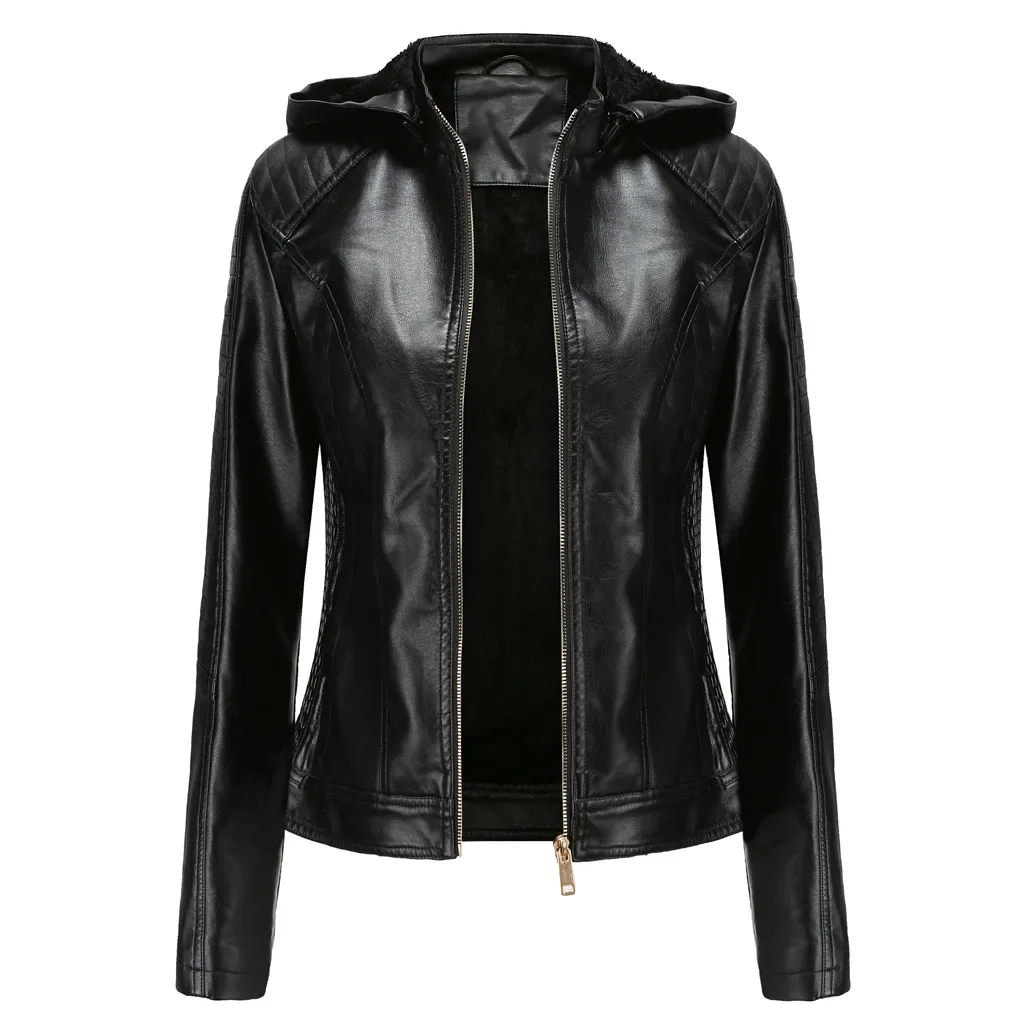 Faux Leather Women Coat Hooded Full Sleeve Slim Fit Solid Sexy Regular Jackets Zipper Casual Splice Coats Thick Warm Jacket