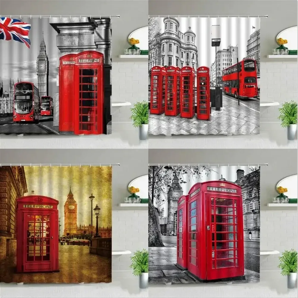 London Big Ben Shower Curtain European Style Red Tram Telephone Hall Scenery Old Newspaper Bath Screen Bathroom Curtain Box